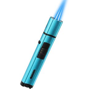 5.7in Butane Torch Lighter with Flame Locking & Safety Switch Function, Adjustable Double Jet Flame Long Stick Lighter, Refillable Windproof Pen Lighter. Blue(Sold Without Gas)