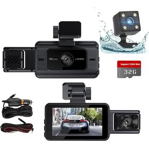 3 Channel Dash Cam Front and Rear Inside with 32GB Card, KATZEIST 1080P Dash Camera for Cars, Dashcam Three Way Triple Car Camera with IR Night Vision, Loop Recording, G-Sensor, HDR, 24 Hours Record