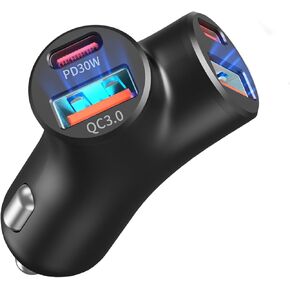 Mini USB C Car Charger, Bifurcated 4-Port Dual PD 30W & QC 18W Phone Car Charger Fast Charging Cigarette Lighter Adapter for iPhone 16 15 14 13 Pro Max, iPad, Samsung S24 S23 S22, Pixel 9 8, Android