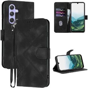 for Samsung Galaxy A16 5G Phone Case Wallet, Card Holder Leather Kick-Stand, Wrist Strap, Magnetic Closure, Shockproof Protective Pattern Flip Cover (Black)