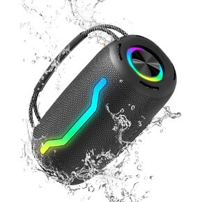 Portable Bluetooth Speaker with Light, Loud Sound and Deep Bass, IPX6 Waterproof, Up to 18H Playtime, TWS Pairing, Support Bluetooth/AUX/USB/TF Card for Home, Party, Outdoor and Travel (Black)