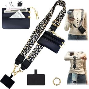 Clip and Go Phone Strap with Wallet, Crossbody Cell Phone Strap with Zippered Pouch, [Detachable as Wrist Strap] Adjustable Chain Lanyard with Wallet Bundle GS Leopard