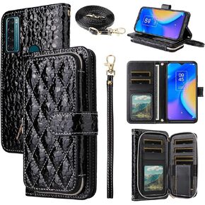 Argyle Wallet Case for TCL 20 SE 6.82 with Crossbody/Wrist Strap Luxury PU Leather Stand Zipper Purse Shockproof Card Holder Cell Phone Cover for TCL20SE Android 11 TLC 20SE T6710 6.82" Black