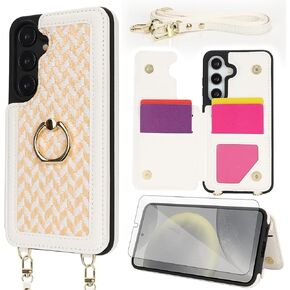 Asuwish Phone Case for Samsung Galaxy S24 5G Wallet Cell Cover with Tempered Glass Screen Protector Ring Stand Credit Card Holder Crossbody Lanyard Shoulder Strap TPU S 24 24S G5 Women Girls Men White