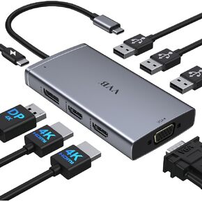 USB C Laptop Docking Station Dual Monitor Adapter for Dell HP, 8 in 1 Docking Station 3 Monitors Hub with 2 HDMI*4K, Displayport, VGA, 3USB 2.0,100W PD, Thunderbolt 4 USB C Dock for Lenovo,Surface