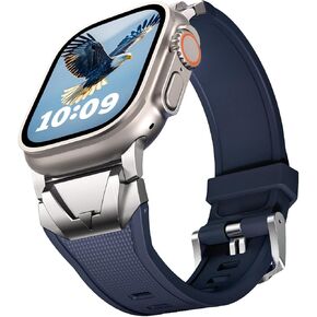 SUNFWR Sport Bands Compatible with Apple Watch Ultra 2/Ultra Band 49mm/46mm/45mm/44mm/42mm, Rugged Silicone Strap with Metal Connector for iWatch Band Series 10/9/8/7/6/5/4/3/2/1/SE, Blue/Titanium