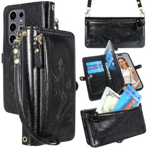 Lacass for Samsung Galaxy S25 Ultra Case Wallet,[Cards Theft Scan Protection] Card Holder Zipper Leather Flip Cover Crossbody Wrist Strap with Stand(Floral Black)