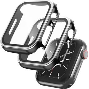 2 Pack HUAZHUN Smartwatch Case Compatible with Apple Watch Series 7 41mm with Tempered Glass Screen Protector, Touch Sensitive, Full Coverage Hard PC HD Bumper Ultra-Thin Cover(Silver Edge Black)