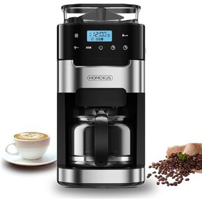 HOMOKUS 10-Cup Coffee Maker with Grinder, Touch Screen, Automatic Brew, Warming Plate, 1.5L Water Tank, Removable Filter