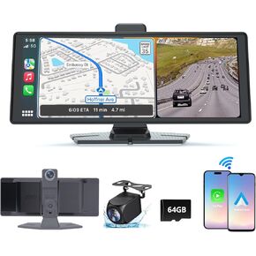 10.26" HD Carplay Screen for Car, Portable Wireless Apple Android Auto Car Play Stereo with Voice Control, 4K Dashcam, 1080P Backup Camera, Mirror Link, Bluetooth GPS，Car Audio Receivers