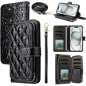 Argyle Wallet Case for iPhone 13 Mini 5.4 inch with Crossbody/Wrist Strap Luxury PU Leather Zipper Purse Shockproof Cell Phone Cover for iPhone13mini i-Phone 13minicase i iPhone13 13mini Black