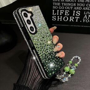Glitter Bling Case for Samsung Galaxy Z Fold 6 5G with Pearl Chain Strap,3D Sparkle Gradient Rhinestone Diamond Shockproof Women Girls Phone Case for Samsung Galaxy Z Fold 6(Blue)