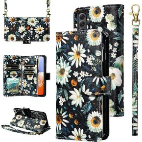 Wallet Case for Samsung Galaxy A54 5G with Wrist Strap Crossbody Shoulder Strap Flower Leather Zipper Purse Credit Card Holder Stand Cell Phone Cover A545G A 54 54A 4G G5 SM A546U Girls Black
