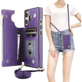 Bocasal Crossbody Wallet Case for iPhone 16 with RFID Blocking Card Slot Holder, Magnetic Flip Folio Purse Case, PU Leather Zipper Handbag with Detachable Lanyard Strap 6.1 Inch 5G (Purple)