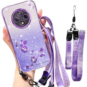 for Xiaomi Redmi 14C 4G Case Glitter with Crossbody Lanyard Strap for Women Girls, Sparkle Bling Shiny Soft TPU Shockproof Protective Cover Flower Floral Case for Redmi 14C 4G/14R YSS Purple