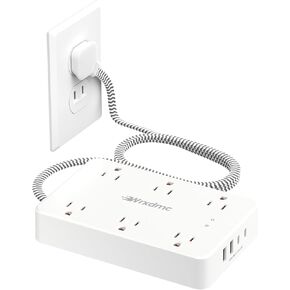 2 Prong Power Strip, WRXDMC 2 Prong to 3 Prong Outlet Adapter, 1400J Two Prong Surge Protector, 6ft Braided Extension Cord with Thin Flat Polarized Plug, 6 AC&4 USB, Wall Mount for Non-Grounded Outlet