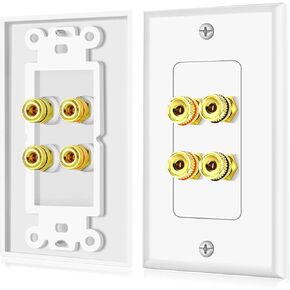 TNP 2 Pack Home Theater Speaker Wall Plate Outlet - 2 Speaker Sound Audio Distribution Panel Gold Plated Copper Banana Plug Binding Post Connector Insert Jack Coupler (2 Pair, Single Gang, White)
