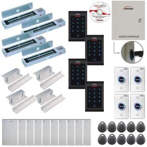 Visionis FPC-8049 4 Doors Access Control Inswinging Door 600lbs Mag Lock Time Attendance TCP/IP Wiegand Controller Box + Power Supply, Indoor Only Keypad/Reader, Software 10,000 Users Kit