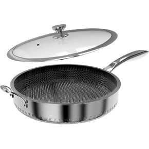 316L Stainless Steel 7QT Frying Pan Hex Nonstick Wok with Lid,Single Handle to Hold, PFOA Free, Dishwasher Oven Safe (7QT/Single Handle)