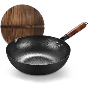 Carbon Steel Wok upgraded，12.6-Inch, Traditional Hand Hammered Wok,For Electric, Induction and Gas Stoves,With a lid, Round Bottom.