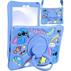 for Samsung Galaxy Tab A7 Lite Case - Cartoon Cute Women Character 3D Design for Women Girls Girly Soft Silicone Kickstand for Samsung A7 Lite Case 8.7 Inch with String, Blue Stit