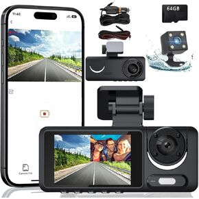 Dash Cam，3 Channel Dash cam, 1080P Full HD Dash Camera for Cars, Free 64GB SD Card, 2"IPS Screen, Night Vision, WDR, Parking Monitor, Loop Recording, Accident Lock, Motion Detection