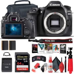 كاميرا Canon EOS 80D DSLR (الجسم فقط) (1263C004) ، بطاقة 64 جيجابايت ، حالة ، برنامج Corel Photo ، بطارية LPE6 ، قارئ البطاقات ، ترايبود فليكس ، كابل HDMI ، حزام يدوي + أكثر (متجددة)