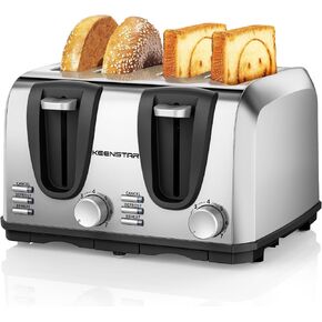 Toaster 4 Slice, Bread Toaster with Dual Control Panels Extra-Wide Slot of Bagel/Defrost/Cancel Function, 7 Toasting Bread Shade Settings, Removable Crumb Trays, Auto Pop-Up, Stainless Steel