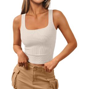 Trendy Queen Womens Square Neck Ribbed Tank Tops Sleeveless Crop Tops Summer Clothes