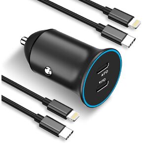 30W USB C Car Charger Fast Charging for iPhone 14 13 12 11/Pro Max/XS/XR/X/8 Plus, [MFi Certified] Dual PD Cigarette Lighter Adapter 2 Port Type-C Mini Auto Plug with 3.3FT USB C-Lightning Cable