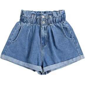 WDIRARA Women's Paper Bag Waist Button Roll Up Hem Denim Shorts with Pockets