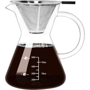 500ML Pour Over Coffee Maker with Double Stainless Filte, Thickened Heat-Resistant Borosilicate Glass Coffee Maker Perfect Extraction Pour Over Coffee Dripper for Home, Cafe, Office