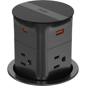 Pop up Outlet for Countertop,PD 20W USB C Fast Charging,3.15" Desk Grommet Power Station,4 Outlets,4-USB, Kitchen Island Pop Up Electrical Outlet, Office Recessed Power Supply,6ft Cord, Black