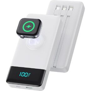 Portable Charger with Built-in Cables and iWatch Charger,10800mAh QC4.0+PD Fast Charging USB C Power Bank,6 Outputs Travel Battery Pack Compatible with iPhone 16/15/14/13/12,Apple Watch(White)
