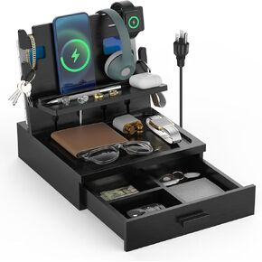 Nightstand Organizer for Men, Bedside Nightstand Organizer with Drawer, Wood Docking Station with USB Ports and AC Outlets, Gifts for Men, Holds Phone, Tablet, Keys, Glasses, Earphones Etc