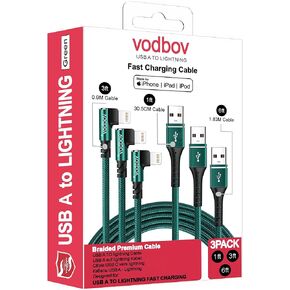 iPhone Charger, Right Angle Cable Lightning Cord 3PACK 1FT 3FT 6FT Nylon Braided USB Charging Wire High Speed Transfer Compatible with iPhone 14/13/12/11 Pro Max/XS MAX/XR/XS/X/8 Green