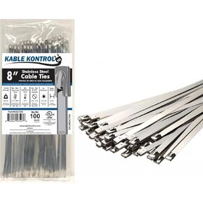 Kable Kontrol Metal Zip Ties 8 Inch 100 Pcs, 200 Lbs Tensile Strength, Self-locking Multi-Purpose 304 Stainless Steel Heavy Duty Cable Ties Ideal for Exhaust Wrap, Outdoor and Indoor Use
