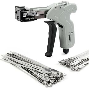 Delgada Stainless Steel Cable Tie Gun Kit with 100PCS Self-Locking Metal Zip Ties Outdoor Heavy Duty Fastening Zip Tie Tightening Tool for Chain Link Fence Pipes