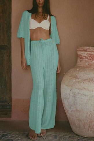 Imily Bela Women's 2 Piece Knit Vacation Outfits Summer Beach Cardigan Top and Drawstring Long Pants Pajama Set Loungewear in Kuwait