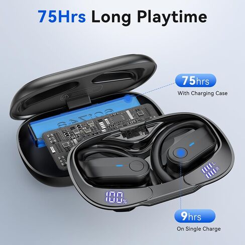 Wireless Earbuds Bluetooth Headphones 75Hrs Playtime Sport Earbuds Noise Cancellation HiFi Stereo Sound with LED Dispaly, IPX7 Waterproof Bluetooth Earbuds with Earhooks for Running Gym, Frosted Black in Saudi Arabia