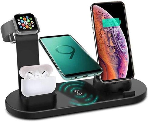 Wireless Charger Stand 6 in 1 Charging Station Dock for Apple iWatch 6/5/4/3/2/1, AirPods Pro, iPhone14/13 Pro/Pro Max/12/11/X/Xr/Xs/8/Samsung Galaxy Phone Series (No Watch Charging Cable), Black in Saudi Arabia