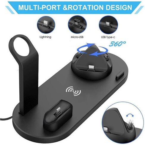 Wireless Charger Stand 6 in 1 Charging Station Dock for Apple iWatch 6/5/4/3/2/1, AirPods Pro, iPhone14/13 Pro/Pro Max/12/11/X/Xr/Xs/8/Samsung Galaxy Phone Series (No Watch Charging Cable), Black in Saudi Arabia