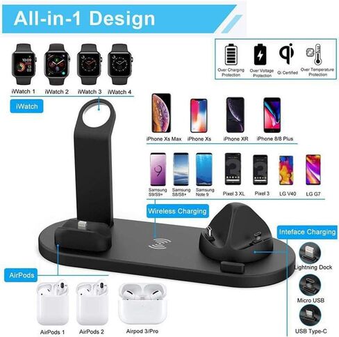Wireless Charger Stand 6 in 1 Charging Station Dock for Apple iWatch 6/5/4/3/2/1, AirPods Pro, iPhone14/13 Pro/Pro Max/12/11/X/Xr/Xs/8/Samsung Galaxy Phone Series (No Watch Charging Cable), Black in Saudi Arabia