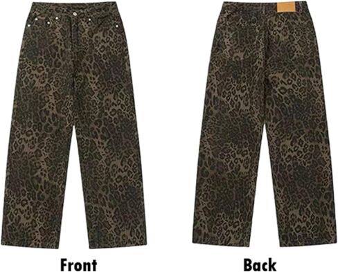 سروال Y2k سروال بطبعة الفهد جينز مستقيم الساق جينز فضفاض سروال كبير الحجم جينز واسع الساق in Kuwait