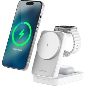 PWR Fold 2.0 4-in-1 Charging Station for Multiple Devices - Portable Wireless Charging Station Compatible with Apple Watch, iPhone, Samsung, Airpods and Qi Wireless Devices (White)