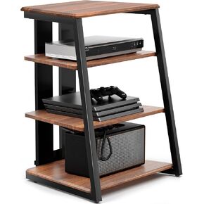 FITUEYES Design 4-Tier AV Media Stand Corner Shelf for Record Player Wooden Stereo Cabinet Audio Rack Tower with Height Adjustable Wooden Shelves for/Apple TV/Xbox One/ps4 (Walnut)