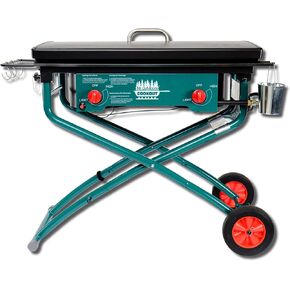 Mr. Outdoors Cookout Portable Cooker Pkg, Collapsible Two Burner Stove & Griddle Kit, Heavy Duty Steel Griddle, Lid, 80,000 BTU's, Wheels, Two Deep Fry Thermometers, CSA Design Certified