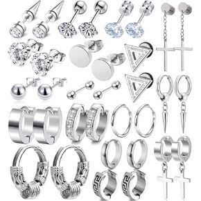 17 زوجًا من الأقراط للرجال، أقراط من الفولاذ المقاوم للصدأ للرجال ذوي البشرة الحساسة، طقم أقراط متدلية على شكل حلق أسود أنيق، مجموعة أقراط متدلية متقاطعة لا تسبب الحساسية، لامعة تدوم طويلاً in Kuwait