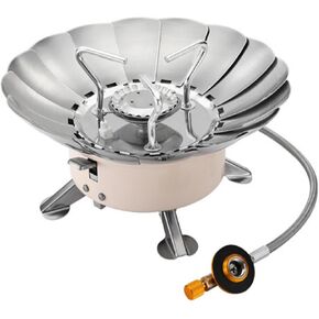 Windproof Camping Stove with Piezo Ignition, 2800W Portable Foldable Backpacking Stove with Lotus-Shaped Windshield, Small Gas Canister Stoves for Outdoor Adventures Cooking, Hiking, Picnic Survival