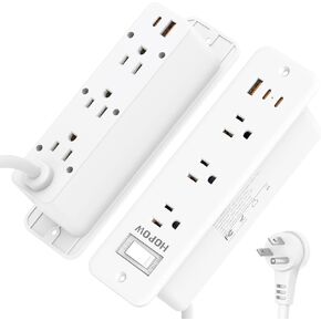 Recessed Power Strip with 6 Outlets 5 USB Ports (3 USB C), Furniture Flush Mount Desk Outlet, 5 ft Flat Plug Extension Cord, Desktop Charging Station for Nightstand, Side Table, White